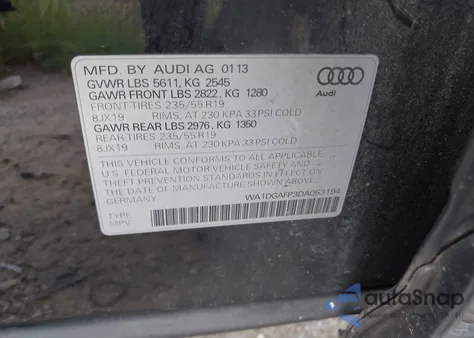 2013 Audi Q5 3.0T Premium Plus z USA, uszkodzony, nr VIN WA1DGAFP3DA053194